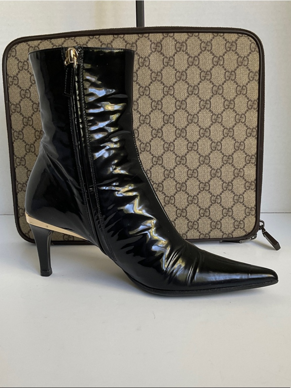 Gucci Black Patent Pointed Toe Ankle Boot with Gold Heel Accent